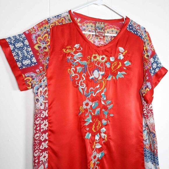 Johnny Was Yokito Embroidered Tunic Top Silk Shirt Pullover Short Sleeves Medium - Picture 4 of 8